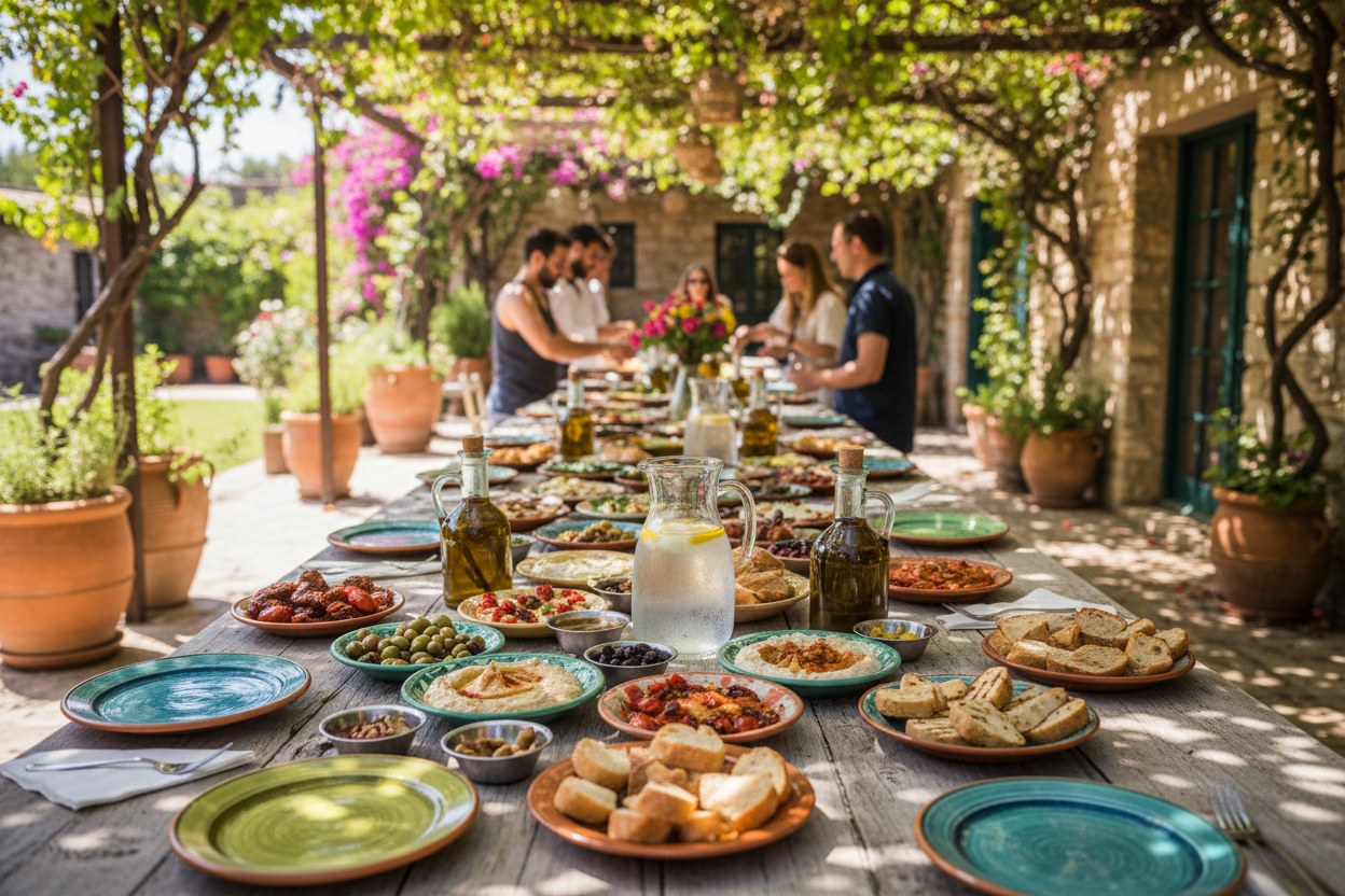 Bahçedeki uzun masada dizilmiş zeytinyağlı meze tabakları ve bir sürahi soğuk su